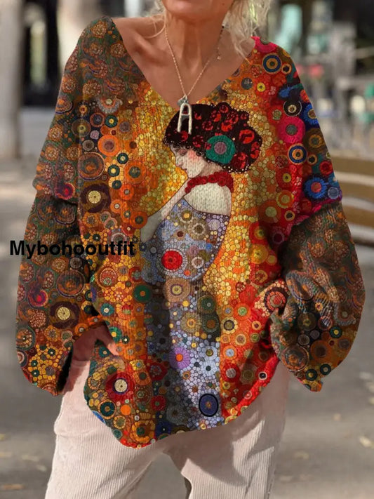 Women’s Vintage Art Print Chic V Neck Casual Sweater Pullover A / S
