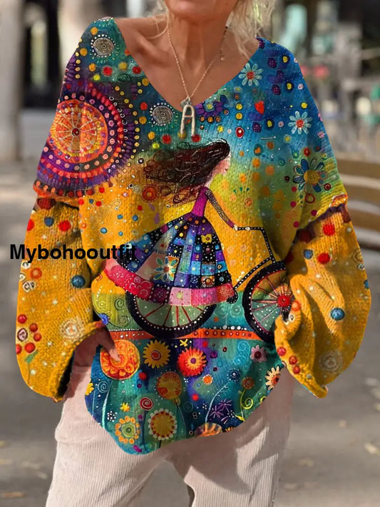 Women’s Vintage Art Print Chic V Neck Casual Sweater Pullover A / S