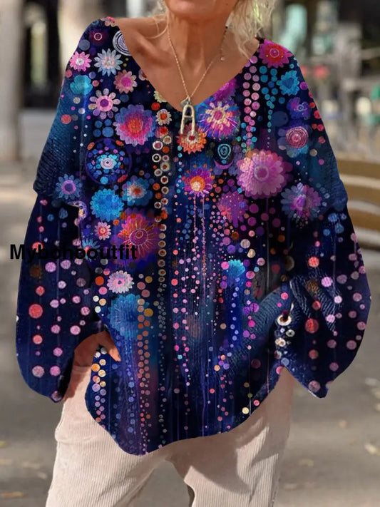Women’s Vintage Art Print Chic V Neck Casual Sweater Pullover A / S