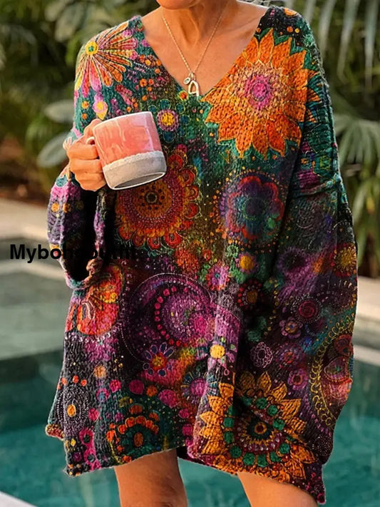 Women’s Vintage Art Print Chic V Neck Casual Sweater Pullover A / S