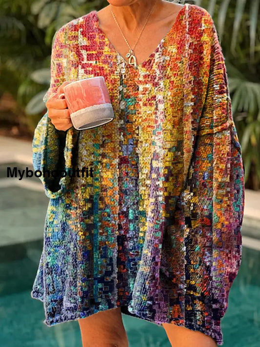 Women’s Vintage Art Print Chic V Neck Casual Sweater Pullover A / S