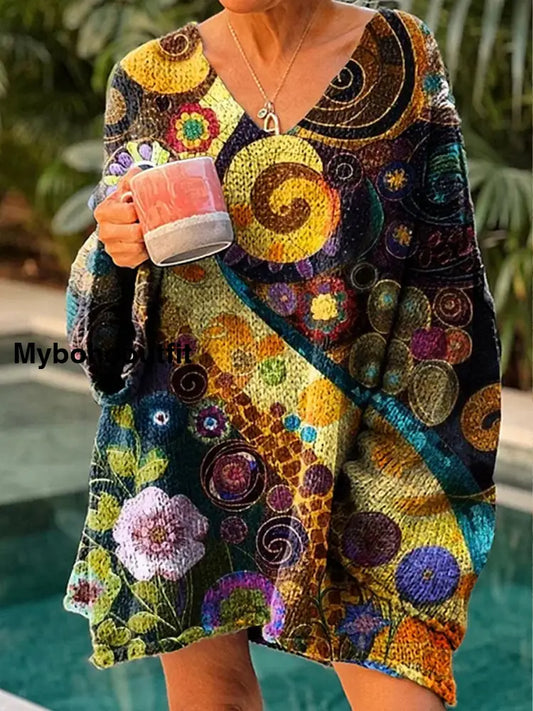Women’s Vintage Art Print Chic V Neck Casual Sweater Pullover A / S