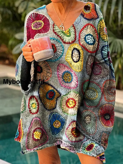 Women’s Vintage Art Print Chic V Neck Casual Sweater Pullover A / S
