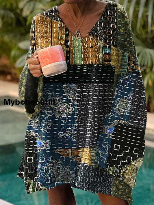 Women’s Vintage Art Print Chic V Neck Casual Sweater Pullover A / S