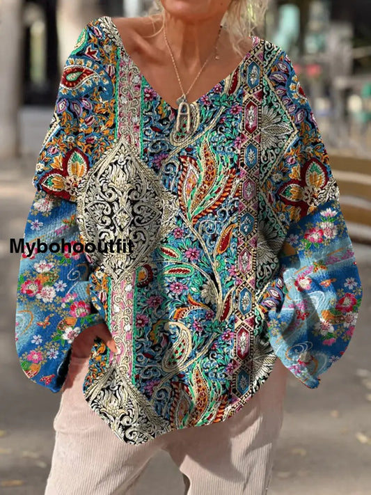 Women’s Vintage Art Print Chic V Neck Casual Sweater Pullover A / S