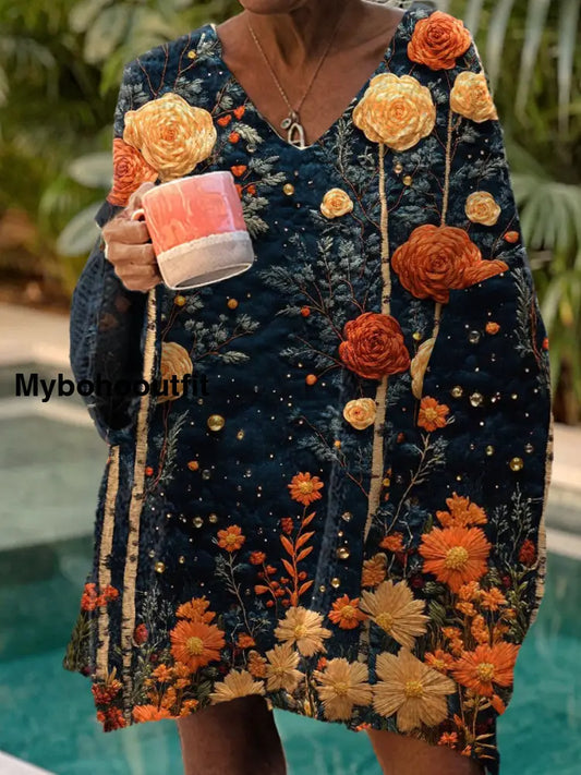 Women’s Vintage Art Print Chic V Neck Casual Sweater Pullover A / S