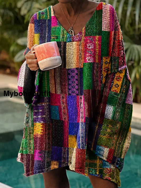 Women’s Vintage Art Print Chic V Neck Casual Sweater Pullover A / S