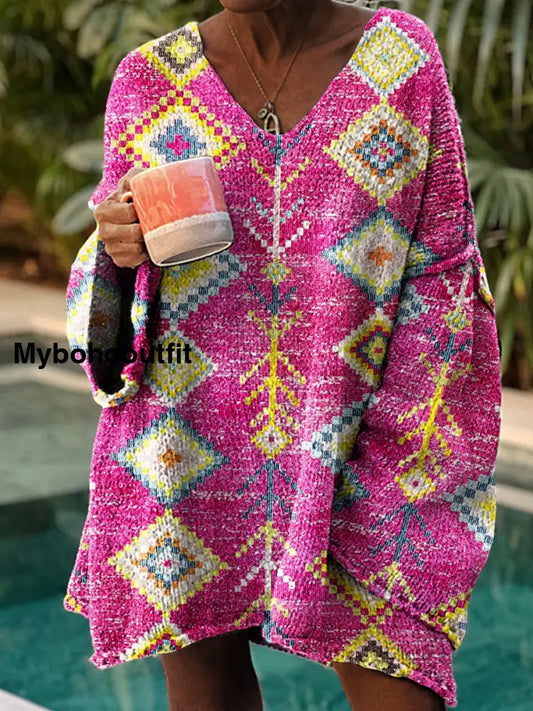 Women’s Vintage Art Print Chic V Neck Casual Sweater Pullover A / S