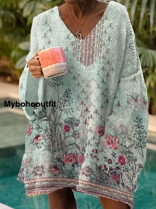 Women’s Vintage Art Print Chic V Neck Casual Sweater Pullover A / S