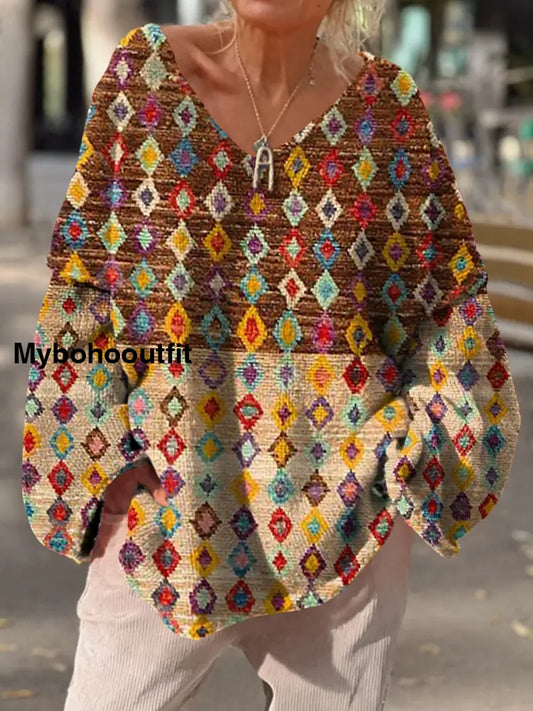 Women’s Vintage Art Print Chic V Neck Casual Sweater Pullover A / S