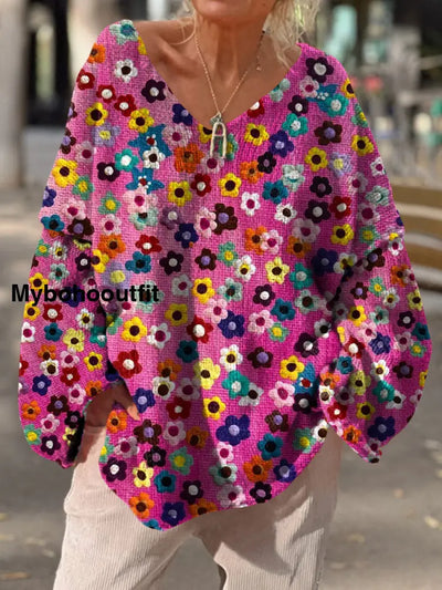 Women’s Vintage Art Print Chic V Neck Casual Sweater Pullover A / S