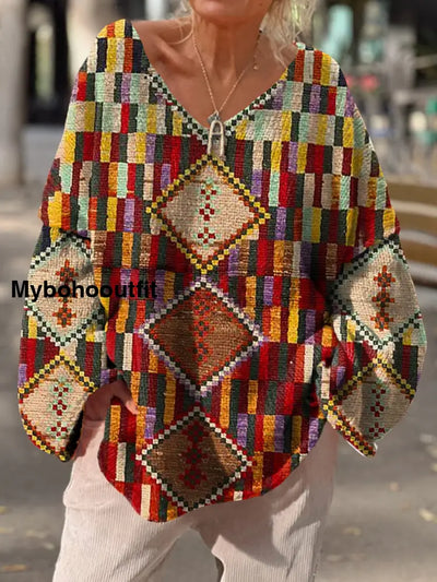 Women’s Vintage Art Print Chic V Neck Casual Sweater Pullover A / S