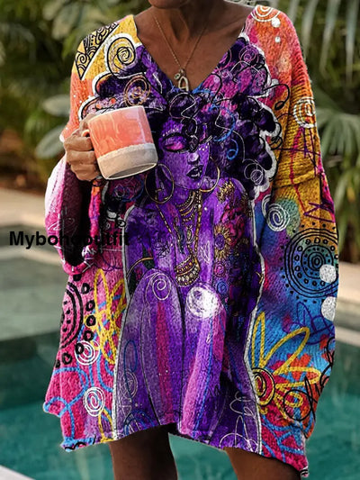 Women’s Vintage Art Print Chic V Neck Casual Sweater Pullover A / S