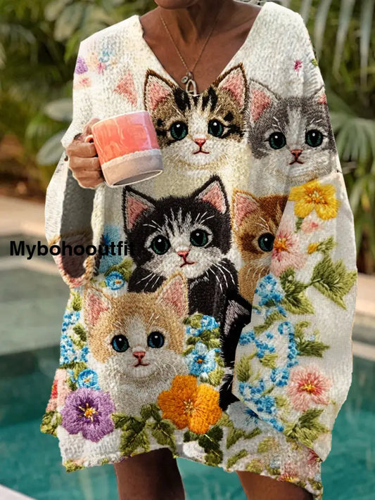 Women’s Vintage Art Print Chic V Neck Casual Sweater Pullover A / S