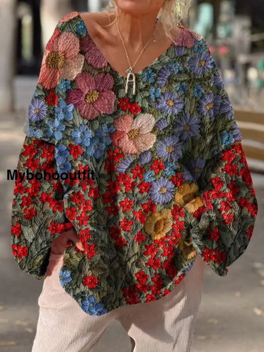 Women’s Vintage Art Print Chic V Neck Casual Sweater Pullover A / S