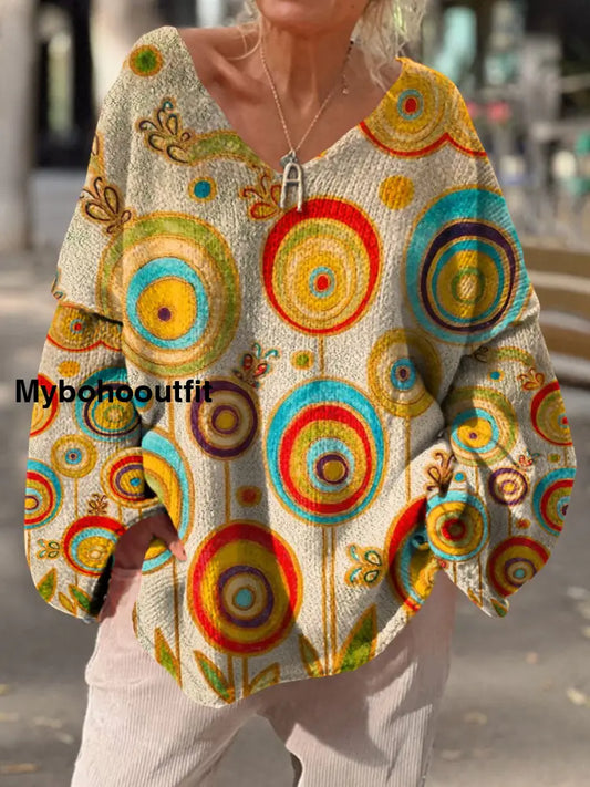 Women’s Vintage Art Print Chic V Neck Casual Sweater Pullover A / S