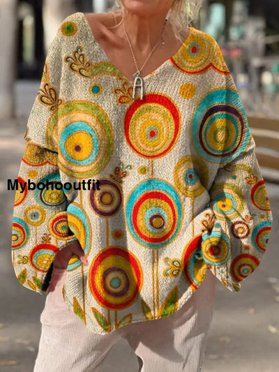 Women’s Vintage Art Print Chic V Neck Casual Sweater Pullover A / S