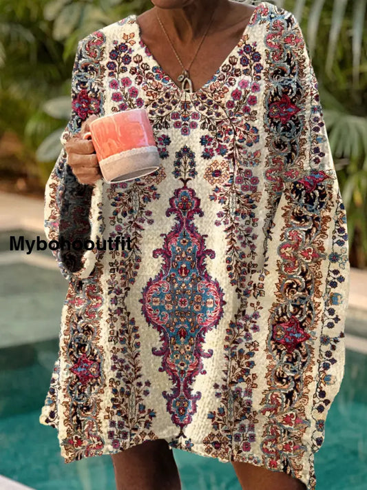 Women’s Vintage Art Print Chic V Neck Casual Sweater Pullover A / S