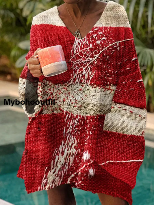 Women’s Vintage Art Print Chic V Neck Casual Sweater Pullover A / S