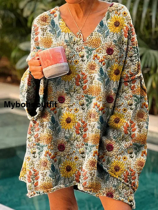 Women’s Vintage Art Print Chic V Neck Casual Sweater Pullover A / S