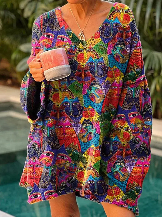 Women’s Vintage Art Print Chic V Neck Casual Sweater Pullover A / S