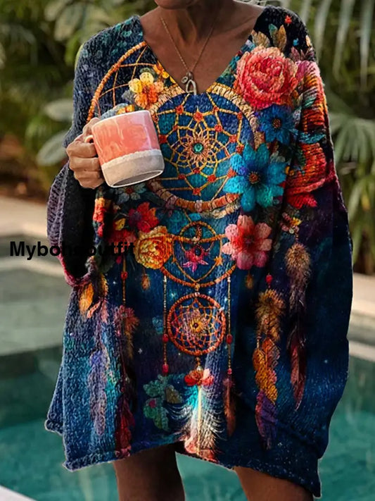 Women’s Vintage Art Print Chic V Neck Casual Sweater Pullover A / S
