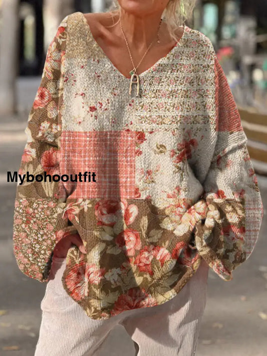 Women’s Vintage Art Print Chic V Neck Casual Sweater Pullover A / S