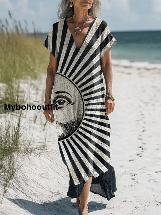 Women’s Vintage Art Print Pocket Cotton Dress Multicolor / S