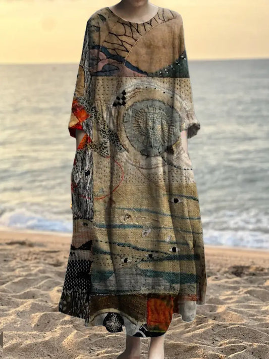 Women’s Vintage Art Print Pocket Elegant Cotton Dress A / S