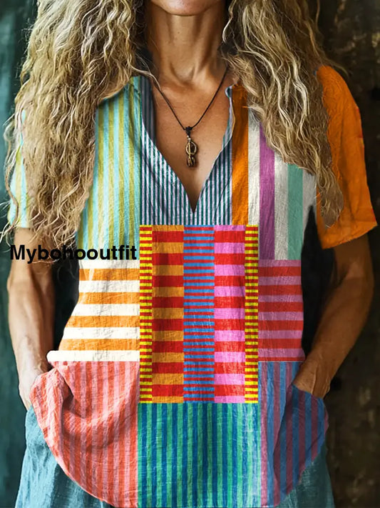 Women’s Vintage Art Print V-Neck Casual Cotton and Linen Shirt Top A / S