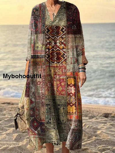 Women’s Vintage Art Print V-Neck Three-Quarter Sleeves Elegant Long Dress A / S