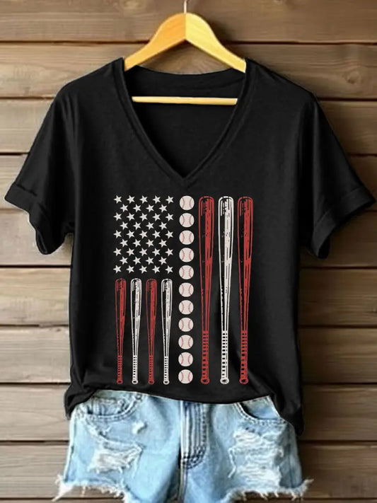 Women’s Vintage Baseball Flag Print V-Neck T-Shirt Black / S