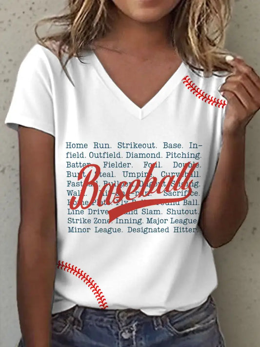 Women’s Vintage Baseball Print V-Neck T-Shirt White / S