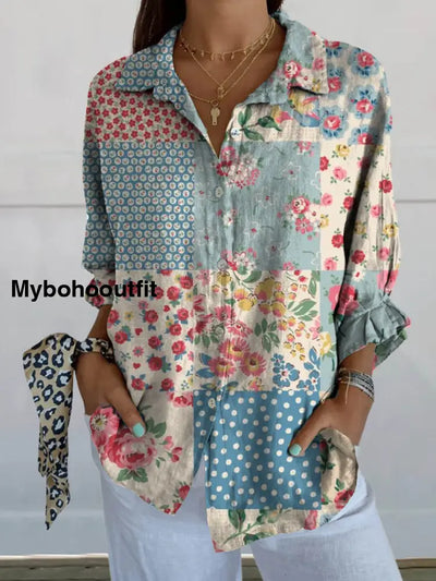 Women’s Vintage Bohemian Floral Art Print Casual Cotton And Linen Shirt Top A / S