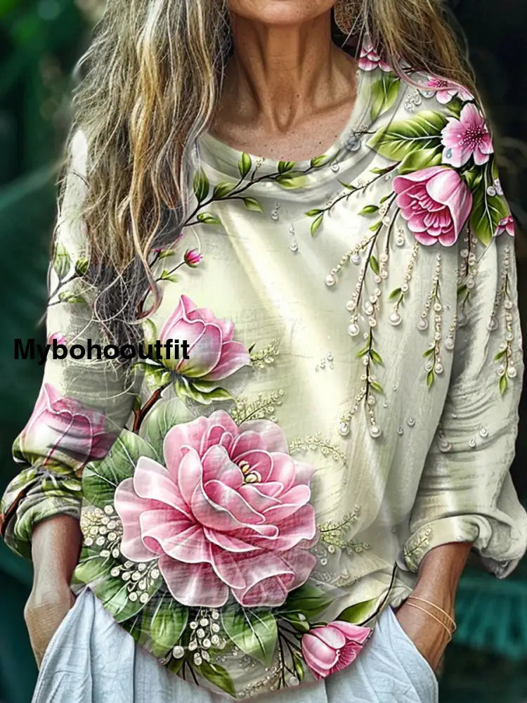 Women’s Vintage Bohemian Floral Print Casual Long Sleeve Comfortable Cotton Shirt Top A / S