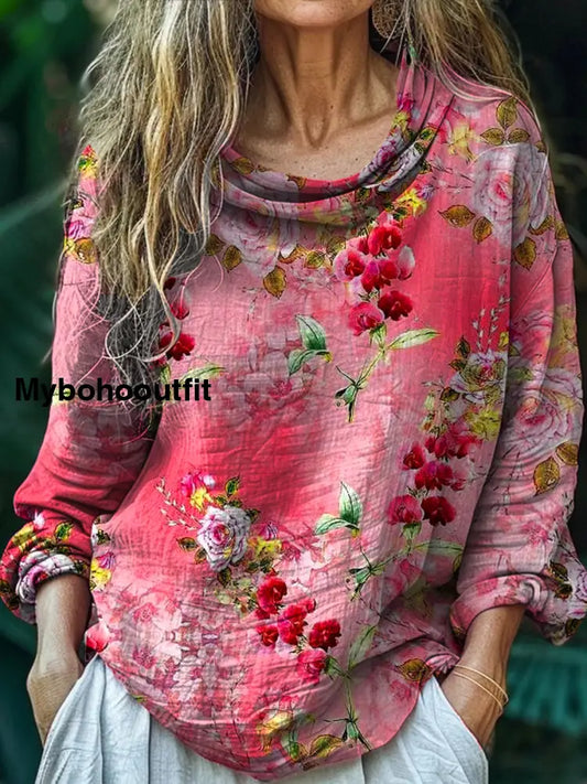 Women’s Vintage Bohemian Floral Print Casual Long Sleeve Comfortable Cotton Shirt Top A / S