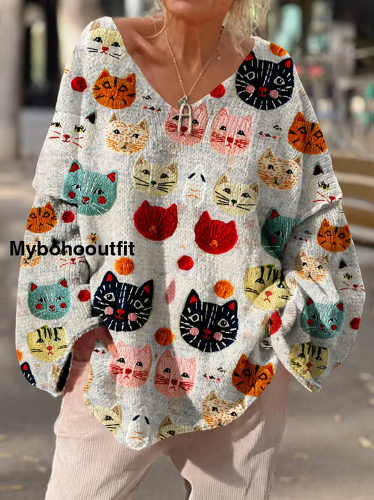 Women’s Vintage Cat Art Print Chic V Neck Casual Sweater Pullover A / S