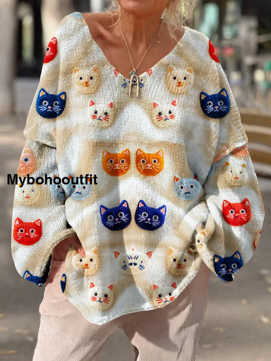 Women’s Vintage Cat Art Print Chic V Neck Casual Sweater Pullover A / S