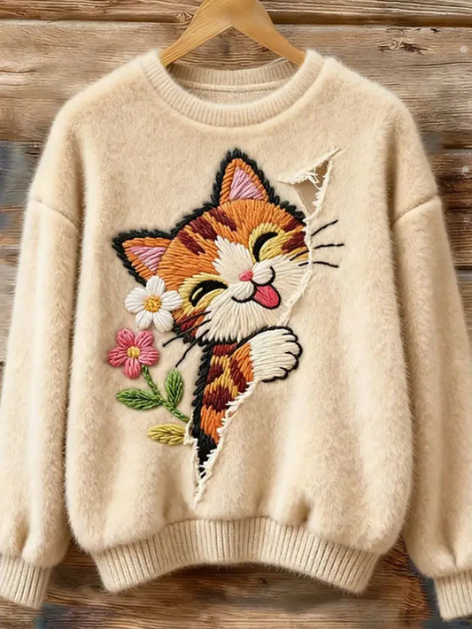 Women’s Vintage Christmas Animal Art Print Comfortable Casual Sweater