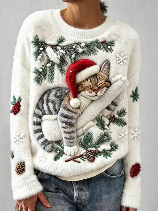Women’s Vintage Christmas Animal Art Print Comfortable Casual Sweater A / S