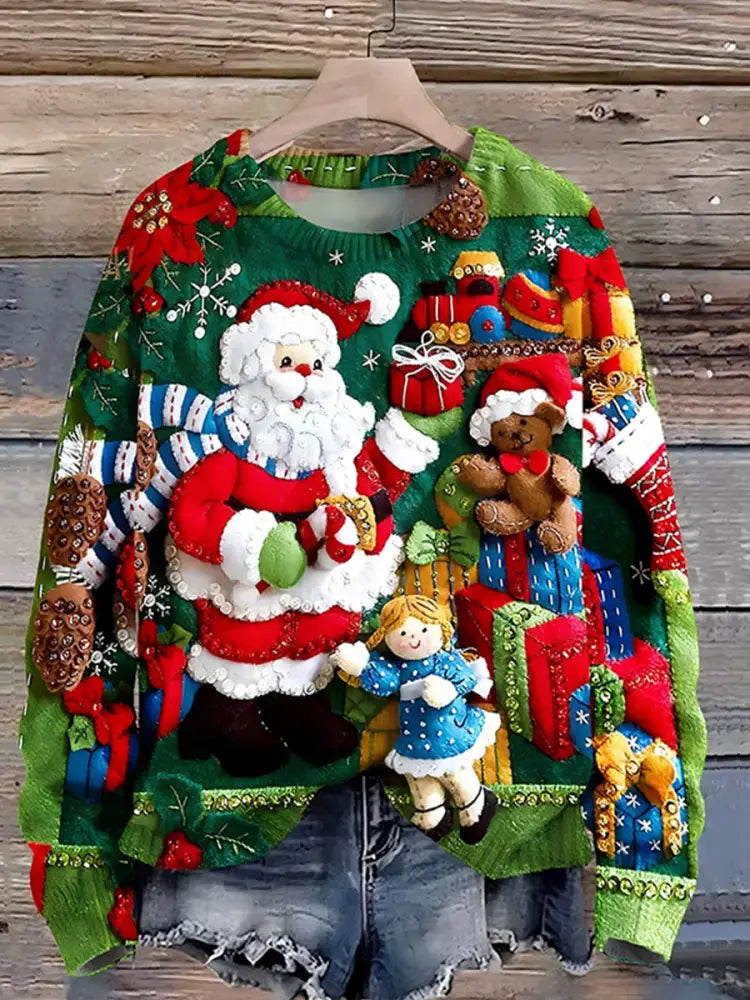 Women’s Vintage Christmas Art Print Comfortable Casual Sweater A / S