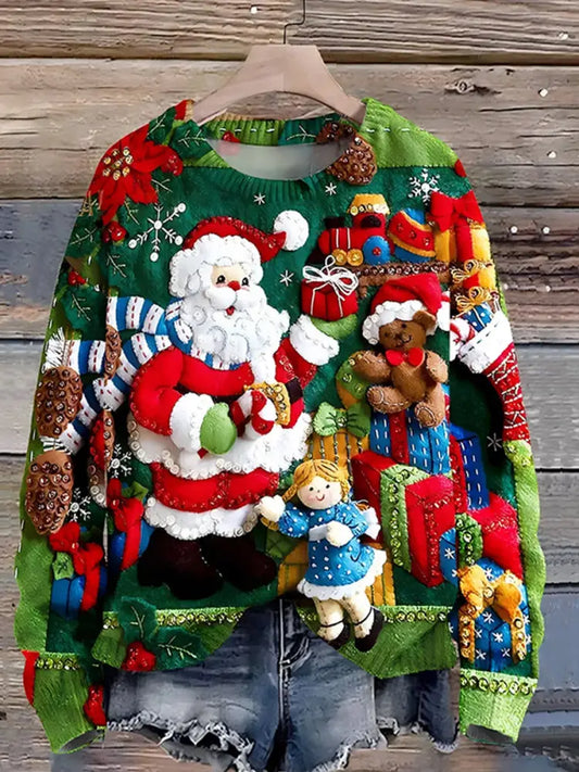Women’s Vintage Christmas Art Print Comfortable Casual Sweater A / S