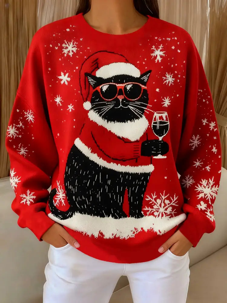 Women’s Vintage Christmas Black Cat Printed Sweatshirt Red / S