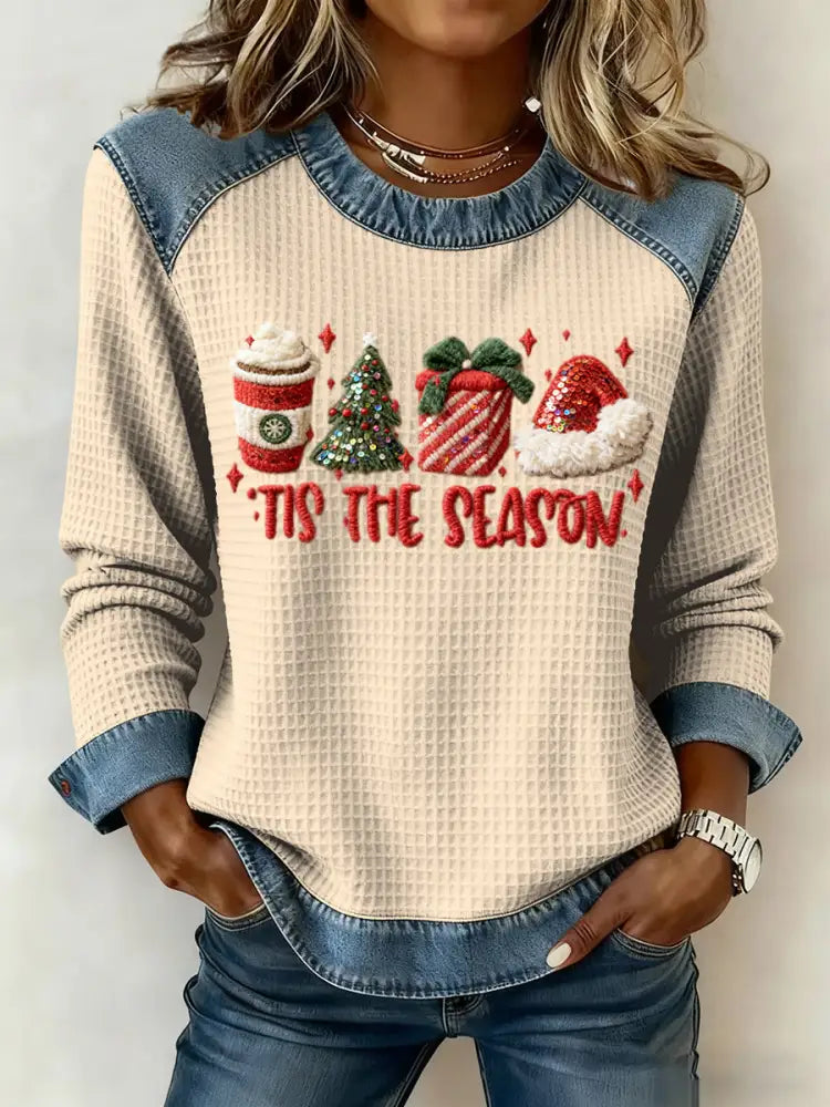 Women’s Vintage Christmas Coffee Art Casual Waffle-Weave Top Multicolour / S