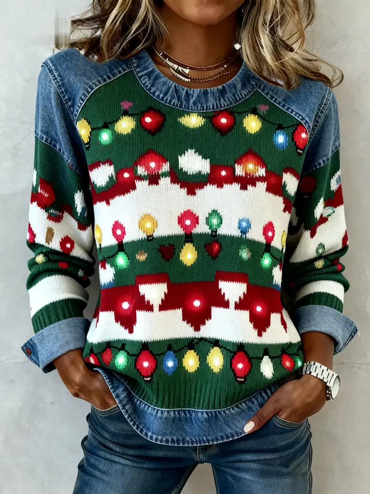 Women’s Vintage Christmas Denim Patchwork Sweatshirt Dark Green / S