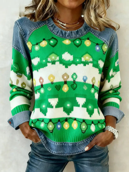 Women’s Vintage Christmas Denim Patchwork Sweatshirt Green / S