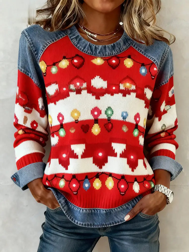 Women’s Vintage Christmas Denim Patchwork Sweatshirt Red / S