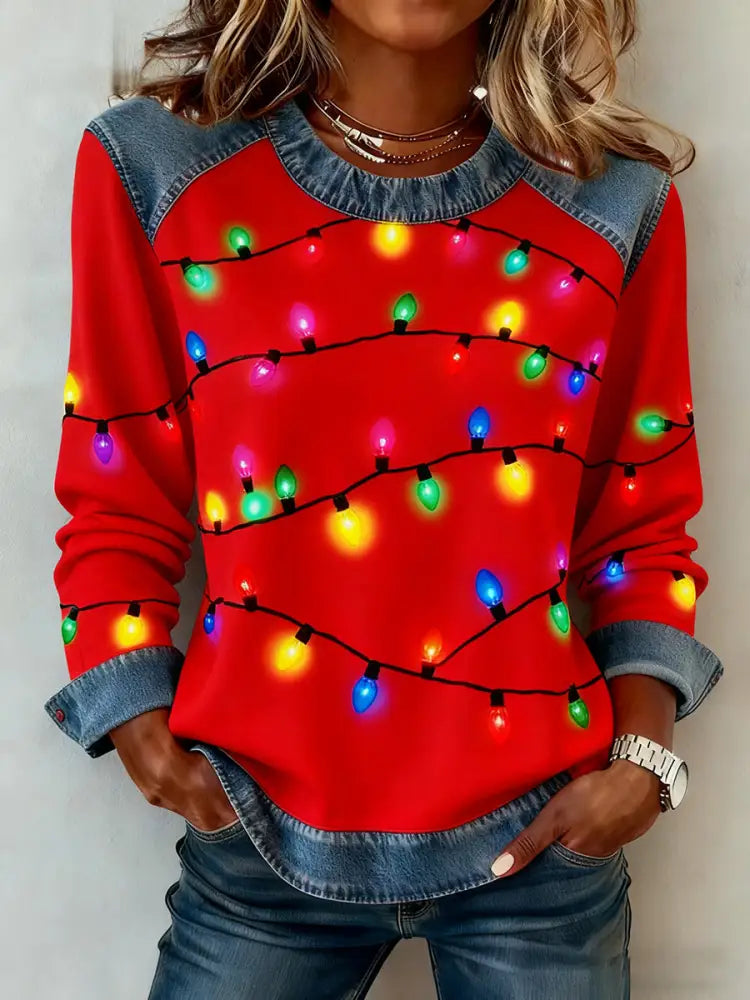 Women’s Vintage Christmas Denim Patchwork Sweatshirt Red / S