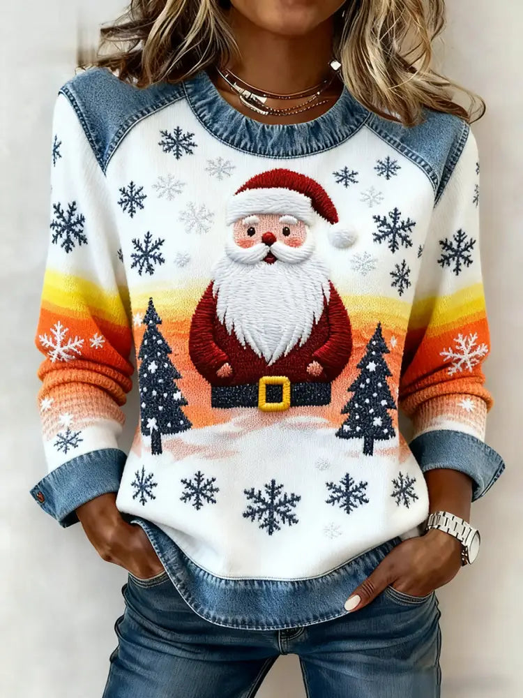 Women’s Vintage Christmas Denim Patchwork Sweatshirt White / S