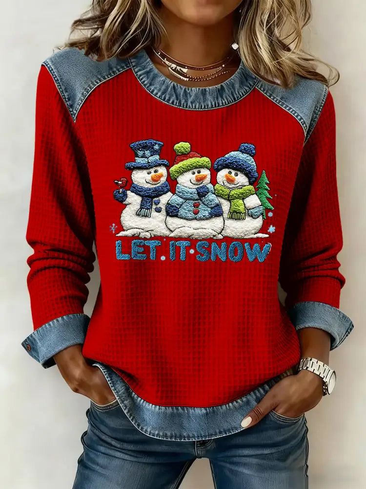 Women’s Vintage Christmas Snowman Art Casual Waffle-Weave Top Multicolour / S